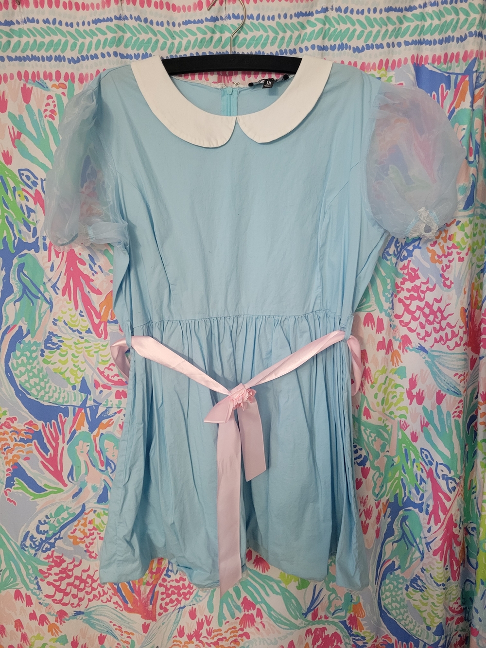 Dolls Kill Light Blue Peter Pan Collar Midi Dress with Pink Sash